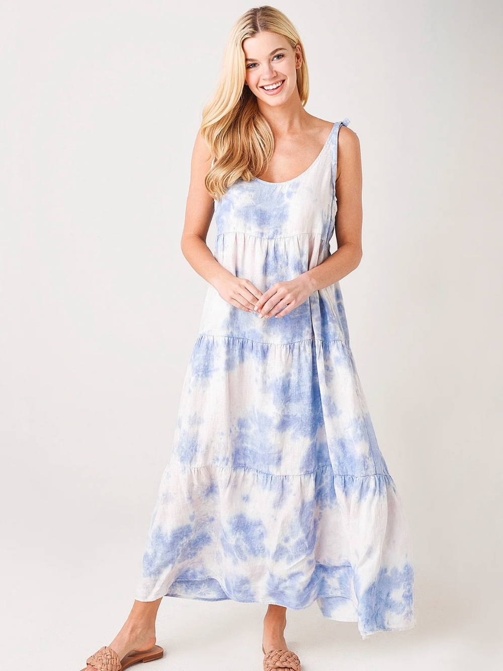 Bella Dahl Tiered Linen Tie-Dye Tie Shoulder Maxi Dress Coastal Beach Resort XS